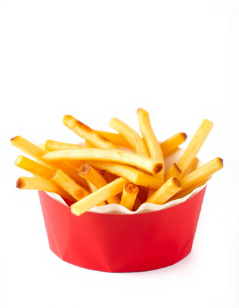French fries in a red box isolated on white background. Selective focusの写真素材