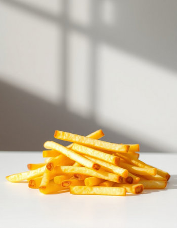Golden French fries on a white background with shadow from the window.の写真素材