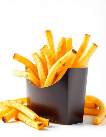 French fries in paper box on white background. Selective focus.の写真素材