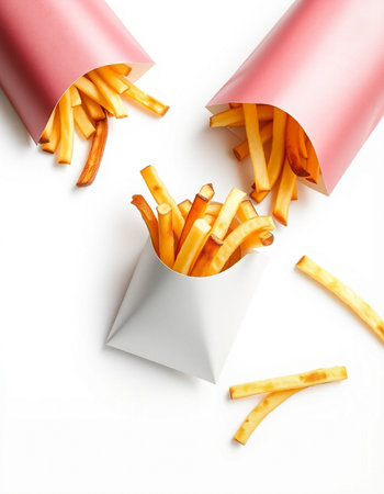French fries in paper box isolated on white background. Top view.