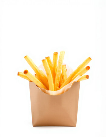French fries in paper box isolated on white background. Fast food.