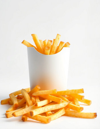 Golden French fries in a white paper box on a white background.の写真素材