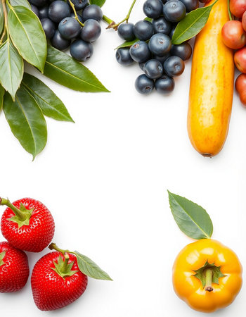 Fresh fruits and vegetables isolated on white background. Healthy food concept.
