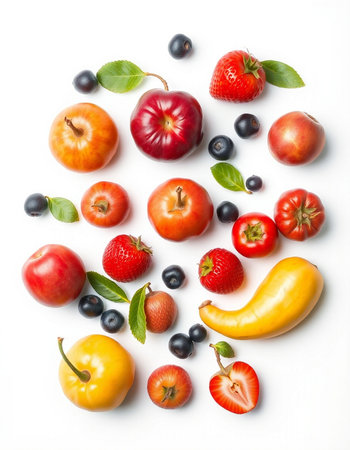 Fresh fruits and vegetables isolated on white background. Healthy food concept.