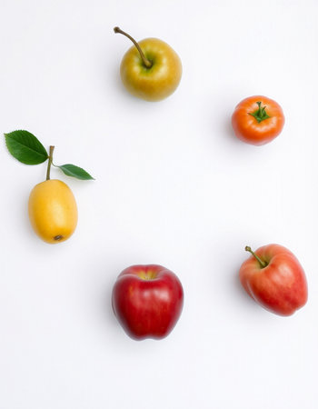 Red apple, yellow plum and tomato on a white backgroundの写真素材