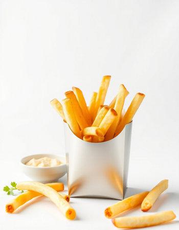French fries with mayonnaise and parsley on a white backgroundの写真素材