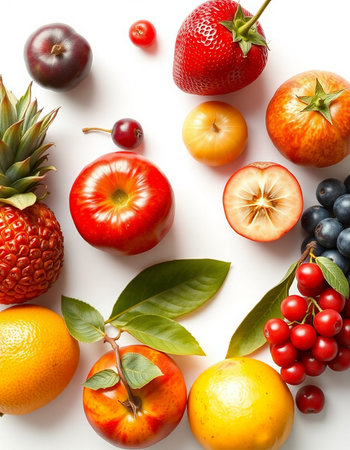 Fruits and berries on white background. Top view. Flat lay