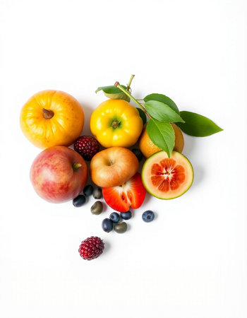 Various fruits on a white background. Top view. Flat lay.の写真素材