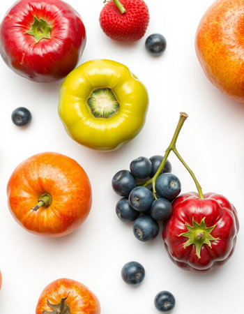 Fruits and berries isolated on white background. Flat lay, top view