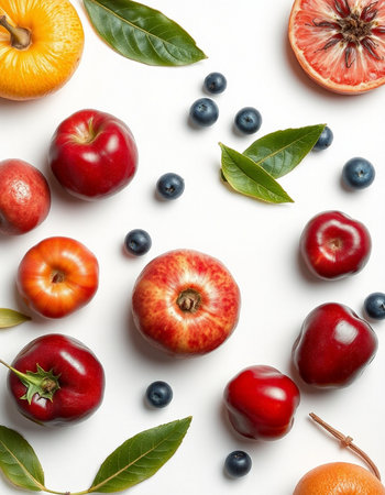 Composition with ripe fruits and berries on white background, top viewの写真素材