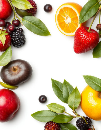 fresh fruits with leaves isolated on white background. Top view. Flat lay pattern.