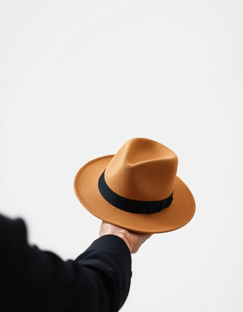 Close-up of a male hand holding a hat isolated on a white backgroundの写真素材