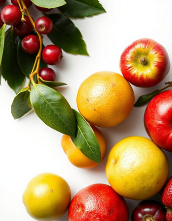 Fruits and berries on a white background. View from above.の写真素材
