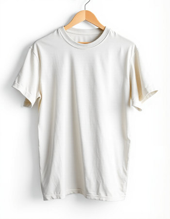 Blank white t-shirt on hanger on white background.