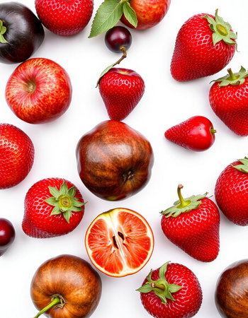 Strawberries, cherries, plums and strawberries on white background
