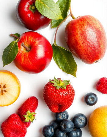 Fresh fruits on a white background. Top view. Flat lay.の写真素材