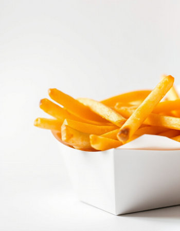 French fries in a white box on a white background. Selective focus.