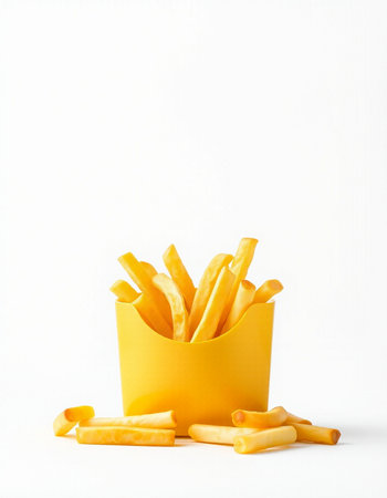 Golden French Fries in a Yellow Paper Cup on a White Background