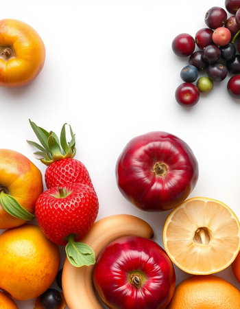 Fresh fruits isolated on white background. Top view. Flat lay.