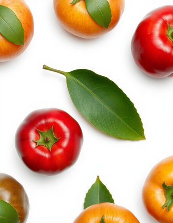 Fresh ripe cherry tomatoes with green leaves on white background, top viewの写真素材