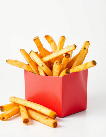 French fries in red box on white background. Selective focus.
