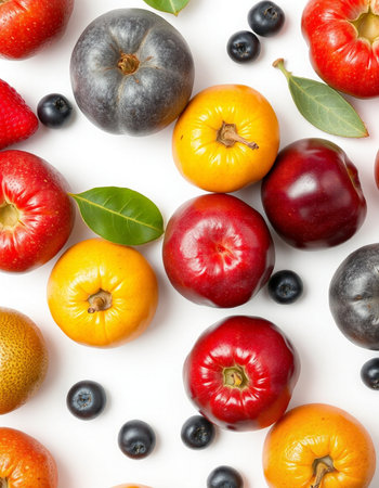 Fruits and berries on a white background. Flat lay, top viewの写真素材