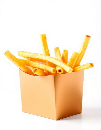 French fries in a paper box on a white background, isolated.の写真素材