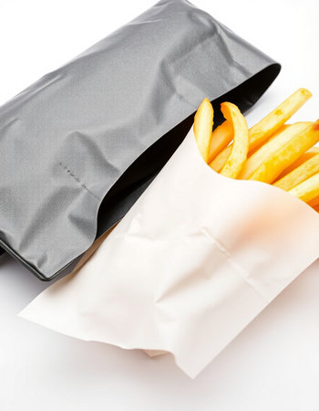 French fries in a paper bag on a white background. Close-up.の写真素材