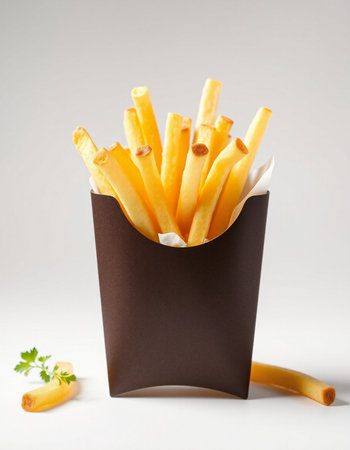 French fries in brown paper box on white background. Close up.