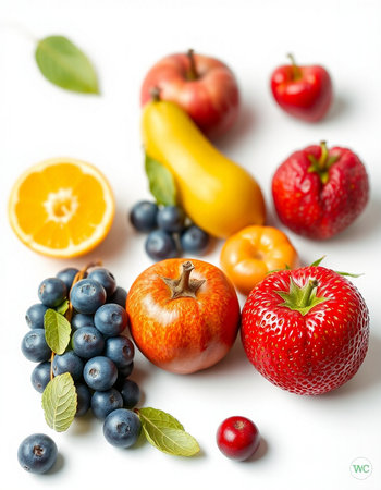 Fruits and berries on a white background. Shallow dof.の写真素材