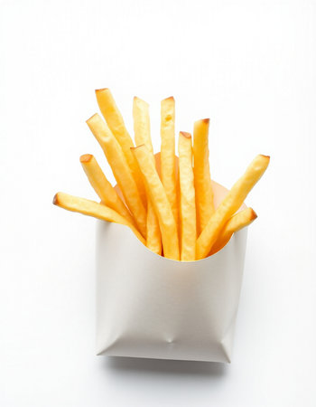 French fries in paper box isolated on white background. Selective focus.