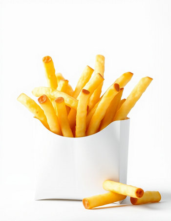 French fries in a white box on a white background. Isolated