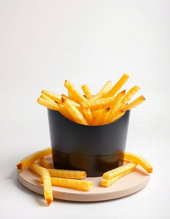 French fries in a black plastic box on a wooden board on a white background