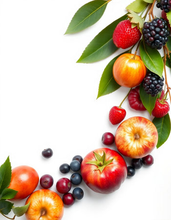 Fruits and berries on a white background. Healthy food concept.