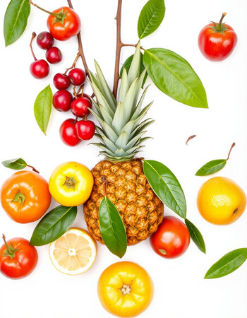Fruits and vegetables on a white background. Healthy food concept.の写真素材