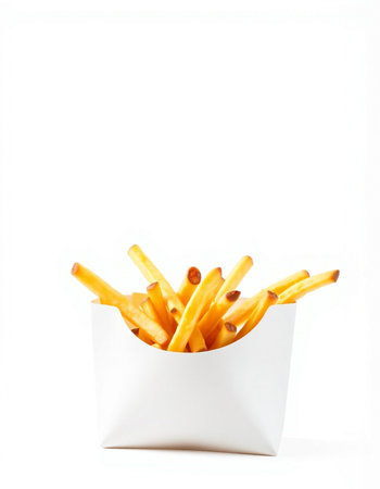 French fries in a white box on a white background. Isolated