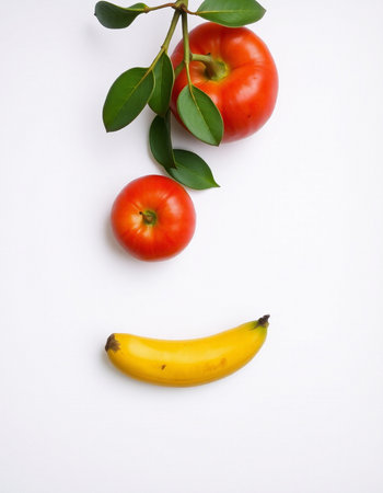 Smiling face made of fresh fruits and vegetables on a white backgroundの写真素材