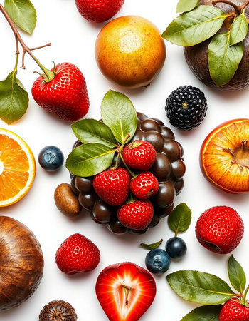 Mix of fresh fruits and berries on white background. Top view.