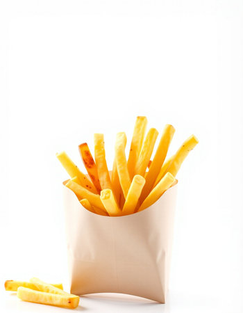 French fries in a paper bag on a white background. Isolated