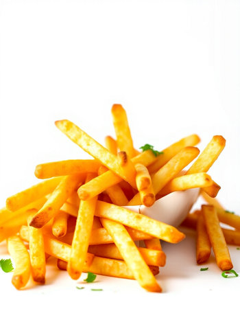 French fries on white background. Selective focus. Shallow depth of field.