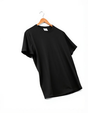 Black t-shirt on a hanger isolated on white background.の写真素材