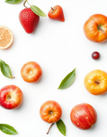 Flat lay composition with fresh fruits on white background, top viewの写真素材