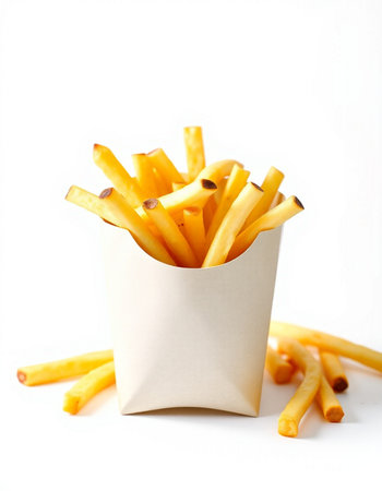 French fries in paper box isolated on white background. Selective focus.