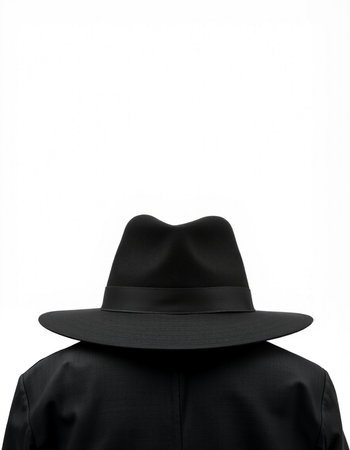 Black hat on a man's head isolated on a white background.の写真素材