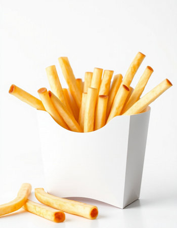 French fries in a white box on a white background. Isolated
