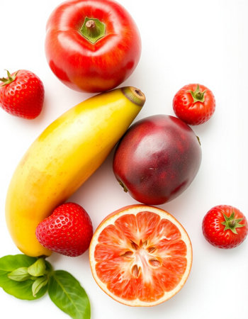 Fruits and vegetables isolated on a white background. Top view.の写真素材