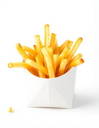 French fries in a white box on a white background, close-up