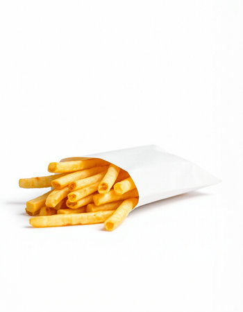 French fries in a paper bag isolated on white background. Fast food.