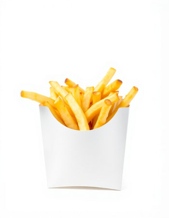 French fries in a white box on a white background. Isolated