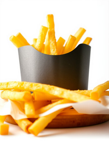 French fries in a black paper box on a white background close up